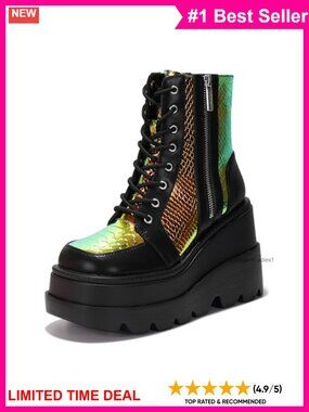 Holographic Snakeskin Platform Ankle Boots Chunky Block Heel
